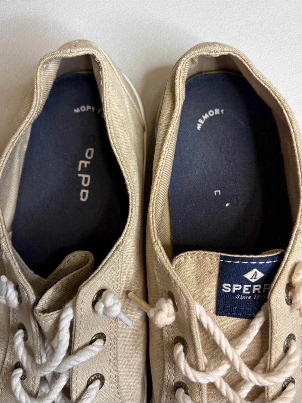 Sperry Beige Canvas Boat Shoes with White Soles 8